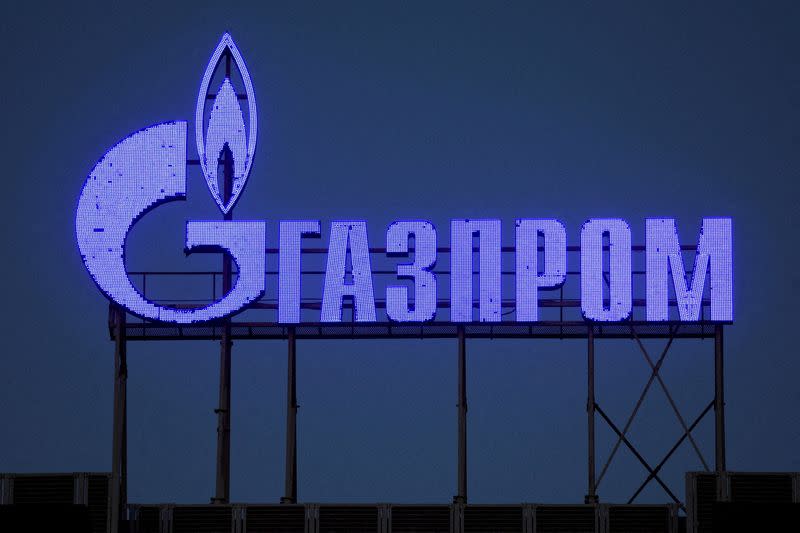 FILE PHOTO: A Gazprom sign is seen on the facade of a business centre in Saint Petersburg