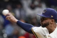 Milwaukee Brewers' Devin Williams throws during the eighth inning of a baseball game against the Los Angeles Dodgers Thursday, April 29, 2021, in Milwaukee. (AP Photo/Morry Gash)