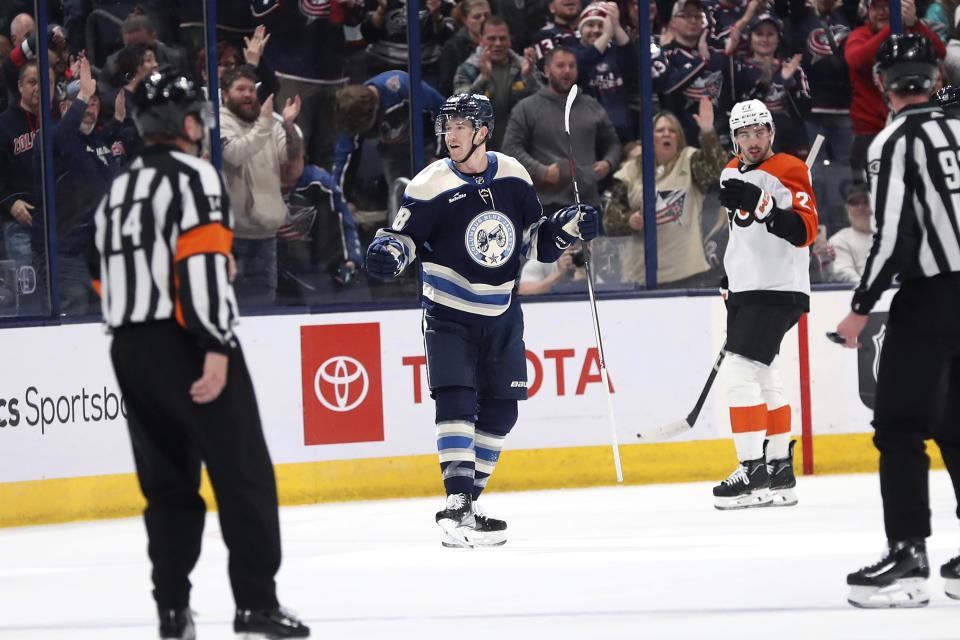 Columbus Blue Jackets defenseman Damon Severson (78) reacts after scoring a goal against the Philadelphia Flyers during the first period of an NHL hockey game Saturday, April 6, 2024, in Columbus, Ohio. (AP Photo/Joe Maiorana)