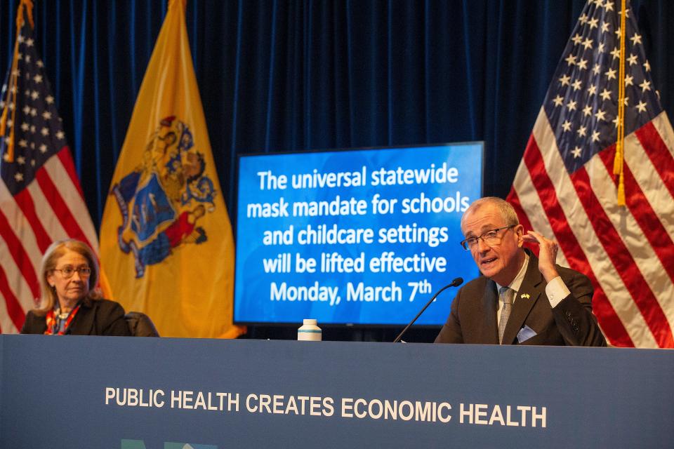 Governor Phil Murphy announces that masks will no longer be mandated for students, staff, or visitors in schools and childcare centers effective March 7 during a coronavirus briefing inside the George Washington Ballroom at the Trenton War Memorial in Trenton, NJ Monday, February 7, 2022. 