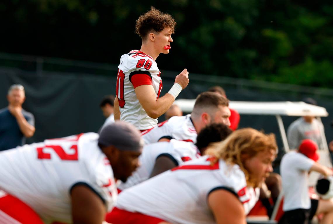 N.C. State wide receiver Bradley Rozner (80) prepares to run a drill during the Wolfpack’s first fall practice in Raleigh, N.C., Wednesday, August 2, 2023. Ethan Hyman/ehyman@newsobserver.com