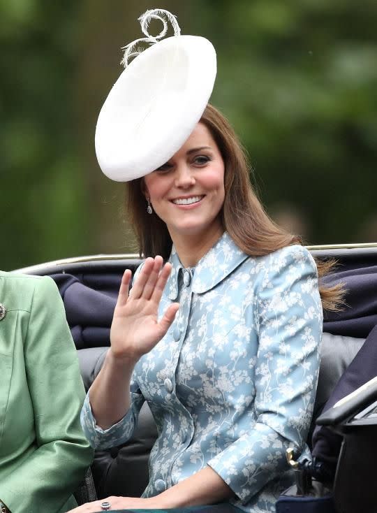 The Duchess of Cambridge in a Catherine Walker Astrid coat dress celebrating Queen Elizabeth’s birthday. 