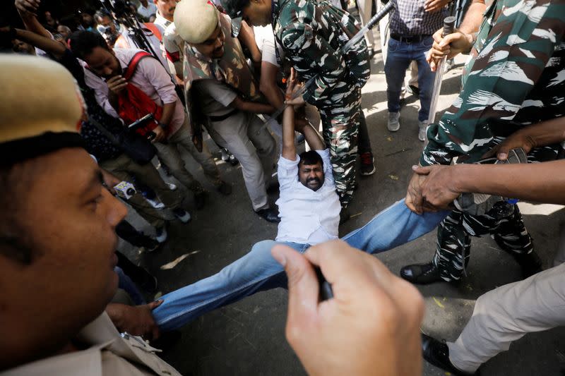 Protest over disqualification of Rahul Gandhi as a lawmaker by India's parliament, in New Delhi