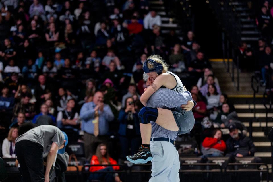 Copper Hills’s Kimberlynn Fowers celebrates a win during the 6A Girls Wrestling State Championships at the UCCU Center in Orem on Thursday, Feb. 15, 2024. | Marielle Scott, Deseret News