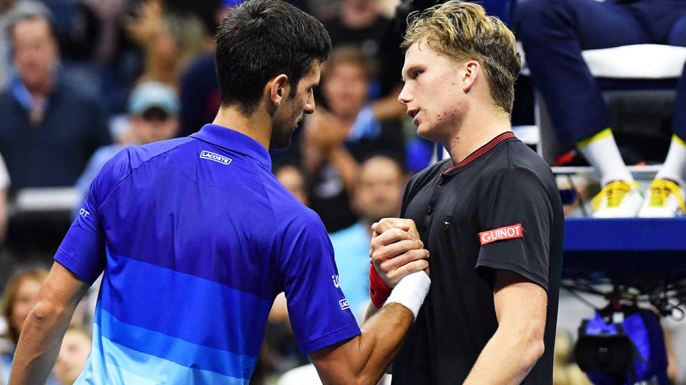 Novak Djokovic, pictured here with Jenson Brooksby after their fourth-round clash at the US Open.