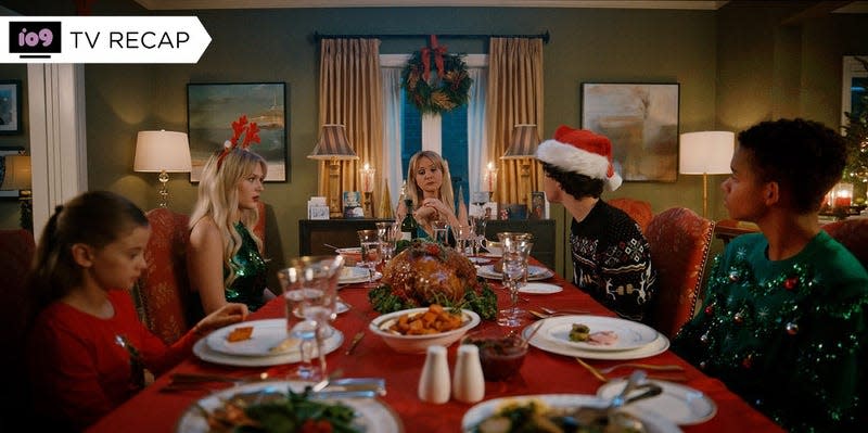 The cast of Chucky sits around a table for Christmas dinner