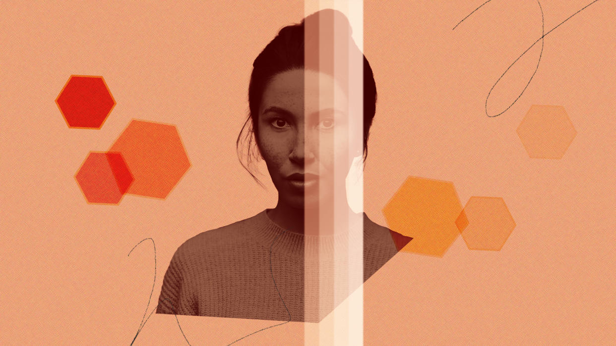 Stylized image of woman among hexagons and partially obscured by prism-line vertical bars that give her complexion successively lighter shades of color.