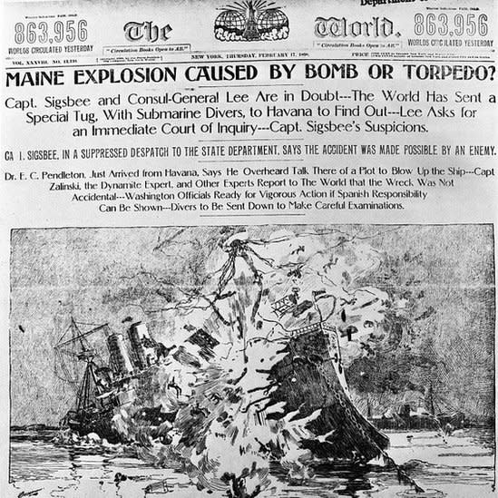Portada de The World informa sobre la explosi&#xf3;n del buque Maine frente a La Habana