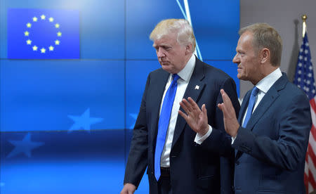 U.S. President Donald Trump (L) walks with the President of the European Council Donald Tusk after a meeting in Brussels, Belgium, May 25, 2017. REUTERS/Eric Vidal