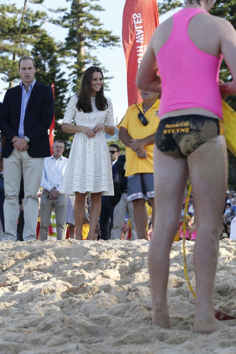 Catherine, the Duchess of Cambridge, talks to junior surf lifesavers during a visit to Sydney's Manly beach