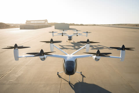 Joby’s pilot production line in Marina, California, with two of the company’s prototype aircraft. Joby Aviation photo