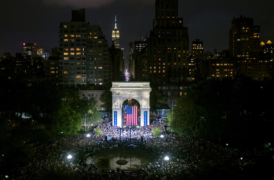 Democratic presidential candidate U.S. Sen. Elizabeth Warren addresses supporters at a rally at Washington Square Park, Monday, Sept. 16, 2019, in New York. (AP Photo/Craig Ruttle)