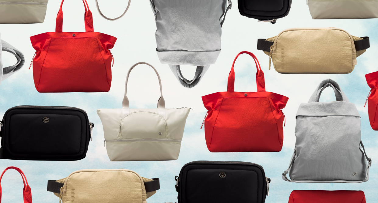 collage of 11 best Lululemon bags for spring and summer 2023 on blue background, red bag, grey bag, tan belt bag, lululemon bags