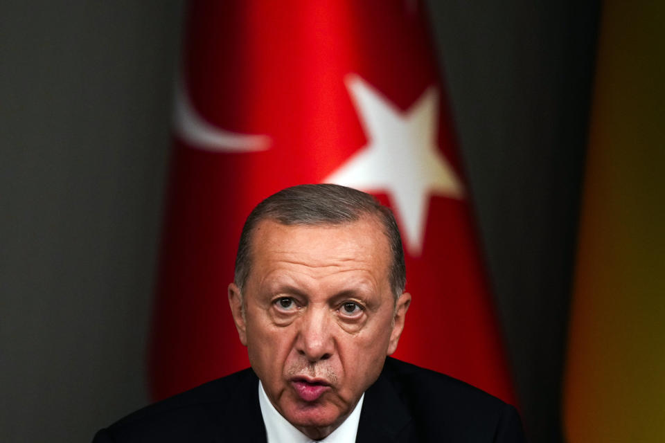 FILE - Turkey's President Recep Tayyip Erdogan talks to journalists during a joint news conference with Ukraine's President Volodymyr Zelenskyy following their meeting in Istanbul, Turkey, early Saturday, July 8, 2023. (AP Photo/Francisco Seco, File)