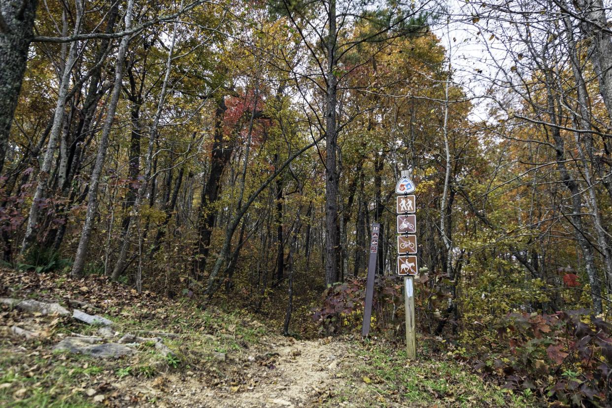 Delta, Alabama, USA- Nov. 11, 2021: Trailhead for Adam's Gap in the Talladega National Forest system on a beautiful autumn day.