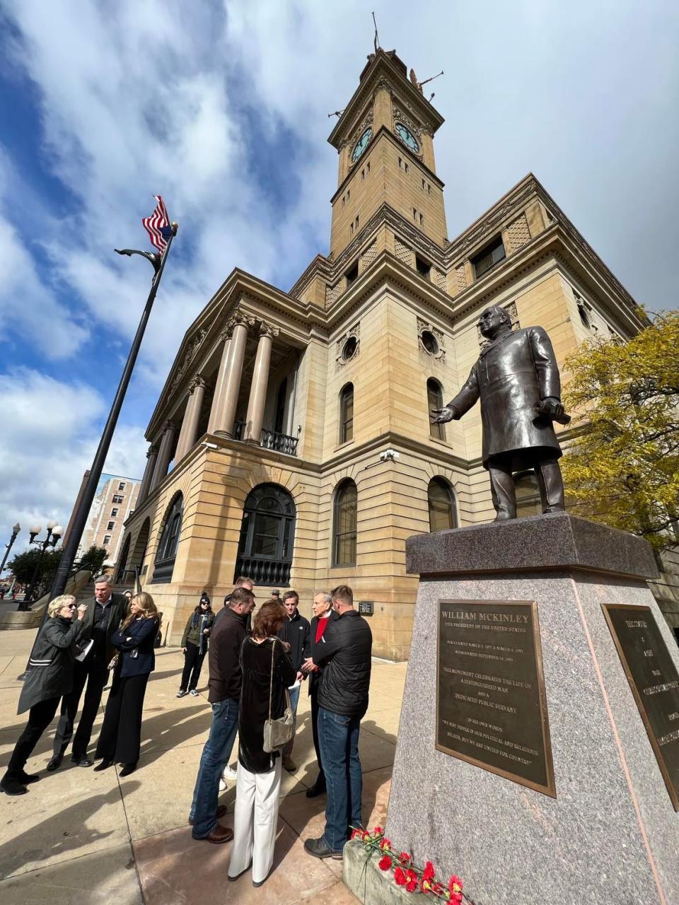 A statue of President William McKinley was unveiled on Saturday in downtown Canton in front of the Stark County Courthouse. Gov. Mike DeWine, presidential historian and author Karl Rove, and local officials attended the event, along with representatives of the Timken Foundation and family.