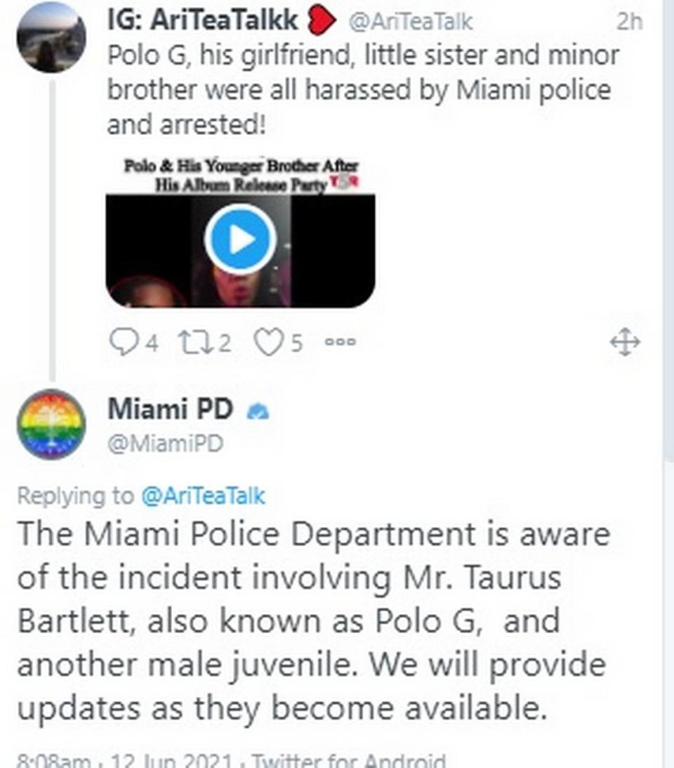 Comments section on Miami Police tweet regarding Miami rapper Polo G, born Taurus Bartlett on June 12, 2021.