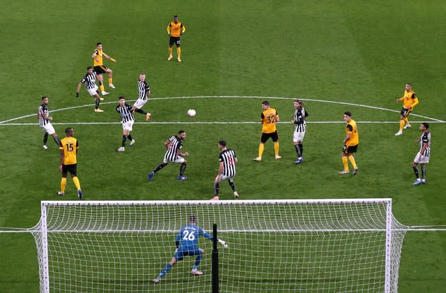 Raul Jimenez, top left, fires Wolves ahead