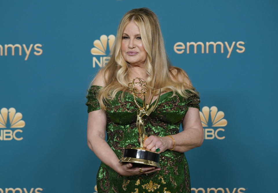 Jennifer Coolidge, winner of the award for supporting actress in a limited series or movie for "The White Lotus", poses in the press room at the 74th Primetime Emmy Awards on Monday, Sept. 12, 2022, at the Microsoft Theater in Los Angeles. (AP Photo/Jae C. Hong)