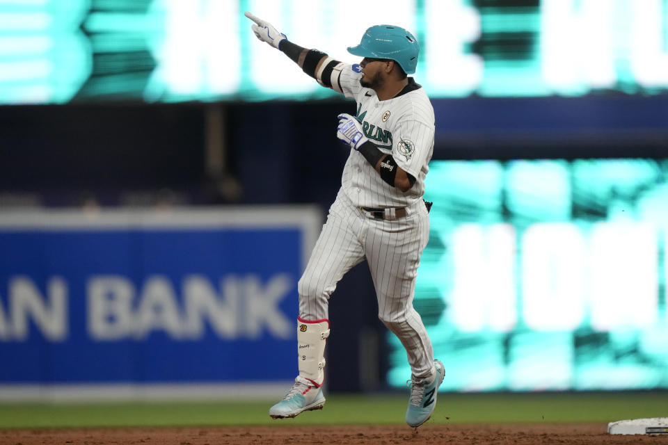 Miami Marlins' Luis Arraez runs the bases after hitting a solo home run during the first inning of a baseball game against the Atlanta Braves, Friday, Sept. 15, 2023, in Miami. (AP Photo/Lynne Sladky)