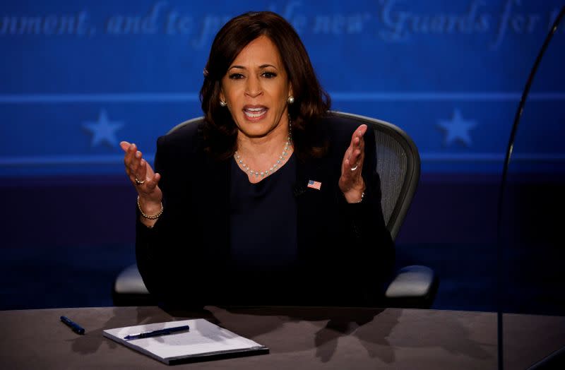 Democratic vice presidential nominee Senator Kamala Harris and U.S. Vice President Mike Pence participate in their 2020 vice presidential campaign debate in Salt Lake City