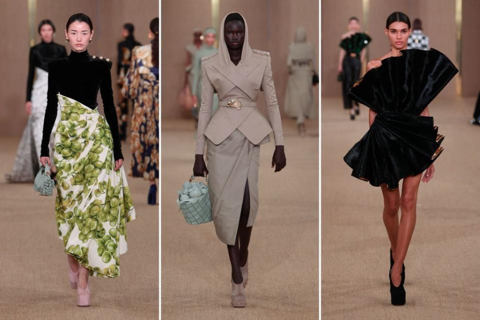 Balmain babes wore Bordeaux-inspired fashions presenting Olivier Roustein’s latest collection. Images: Getty Images