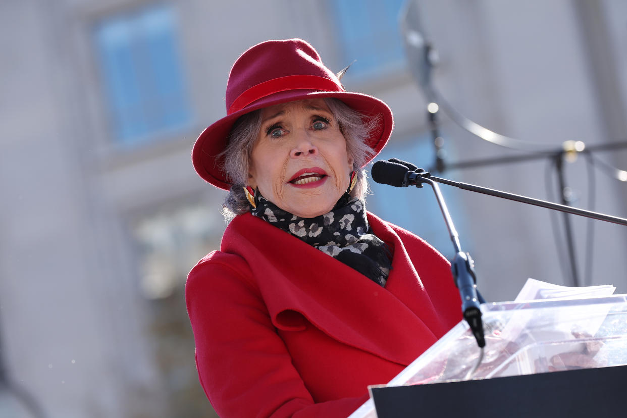 WASHINGTON, DC - DECEMBER 02: Jane Fonda speaks during Fire Drill Fridays to call attention to the growing climate crisis and demand that President Biden declare a climate emergency at a rally in Freedom Plaza on December 02, 2022 in Washington, DC. (Photo by Paul Morigi/Getty Images)