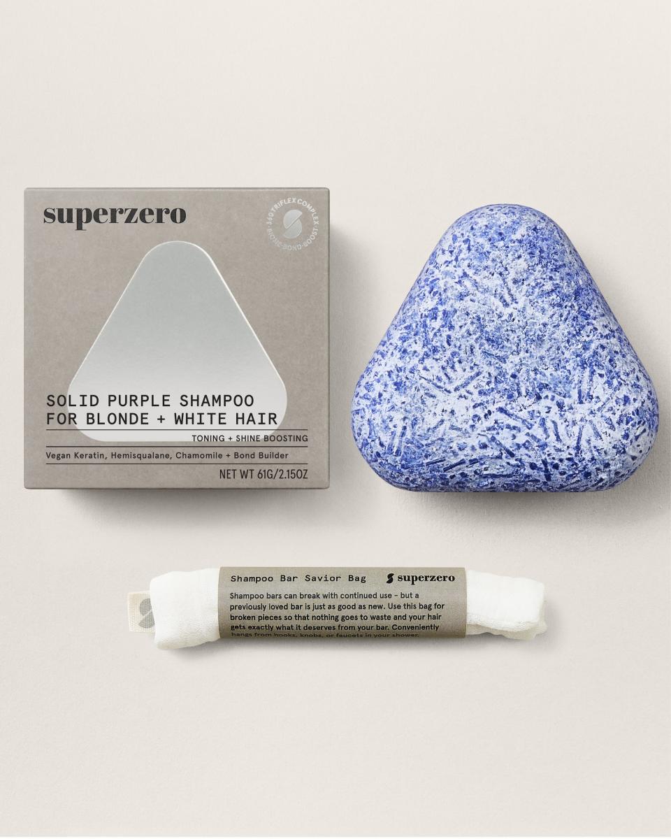 <p><a href="https://superzero.com/products/solid-purple-shampoo-bar-for-blonde-highlighted-white-hair-with-shampoo-bar-savior-bag" rel="nofollow noopener" target="_blank" data-ylk="slk:Shop Now;elm:context_link;itc:0;sec:content-canvas" class="link ">Shop Now</a></p><p>Purple Shampoo Bar</p><p>superzero.com</p><p>$25.20</p>