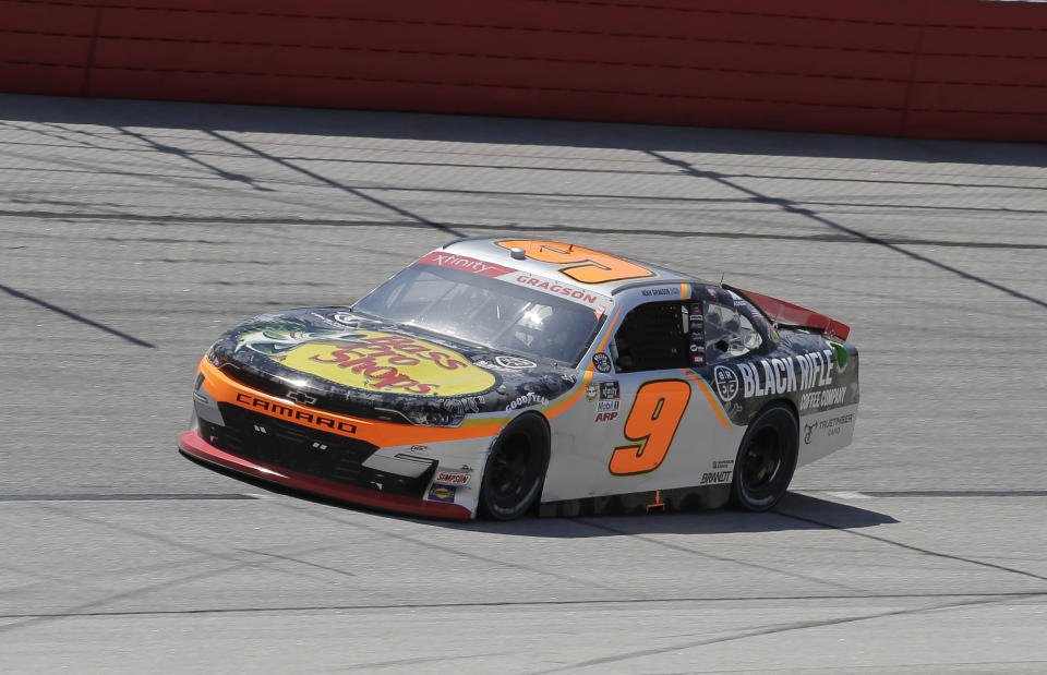 Noah Gragson drives into turn 1 during the NASCAR Xfinity Series auto race at Darlington Raceway, Saturday, May 8, 2021, in Darlington, S.C. (AP Photo/Terry Renna)