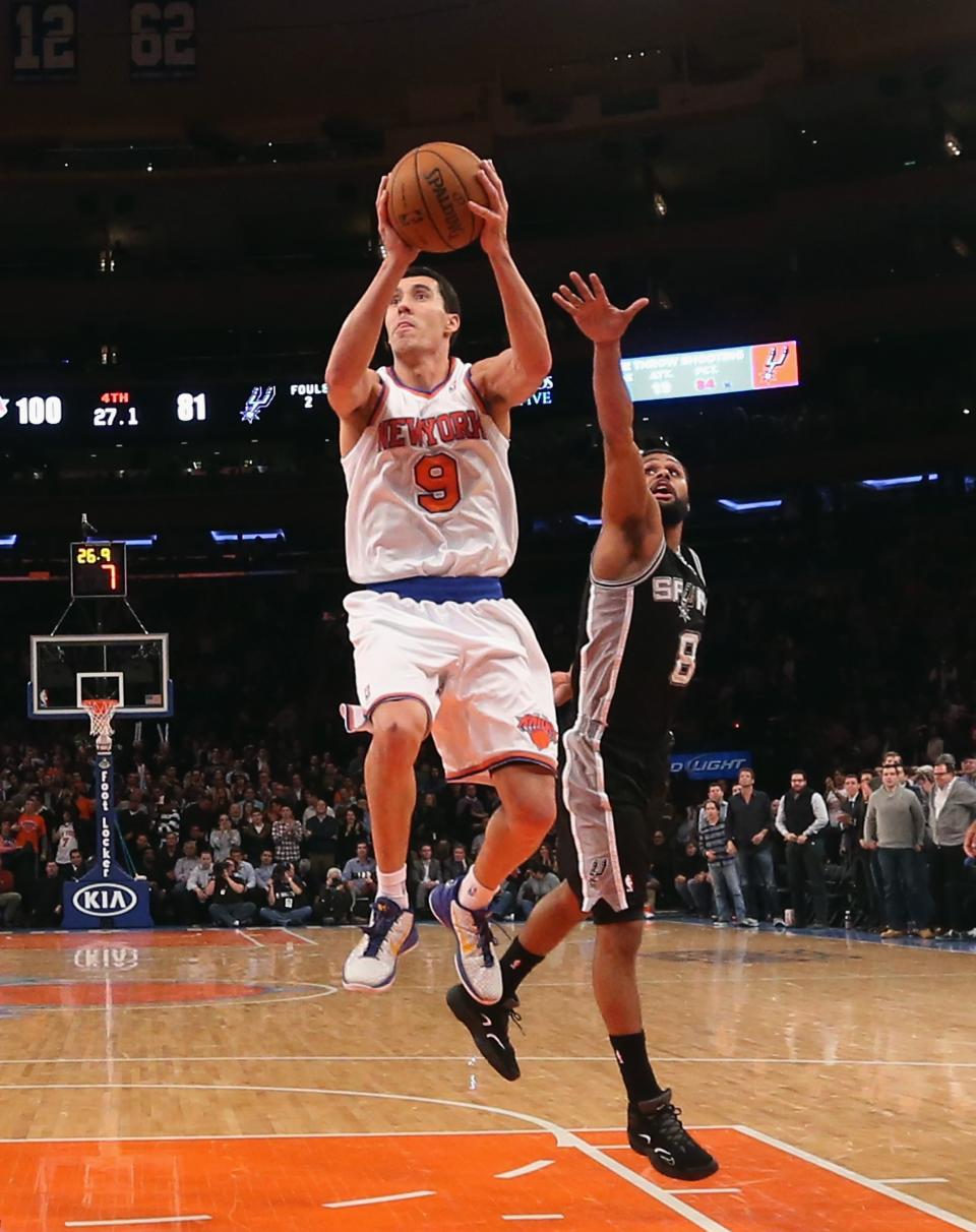 NEW YORK, NY - JANUARY 03: Pablo Prigioni #9 of the New York Knicks goes up to score two against the San Antonio Spurs at Madison Square Garden on January 3, 2013 in New York City. NOTE TO USER: User expressly acknowledges and agrees that, by downloading and/or using this photograph, user is consenting to the terms and conditions of the Getty Images License Agreement. The Knicks defeated the Spurs 100-83. (Photo by Bruce Bennett/Getty Images)