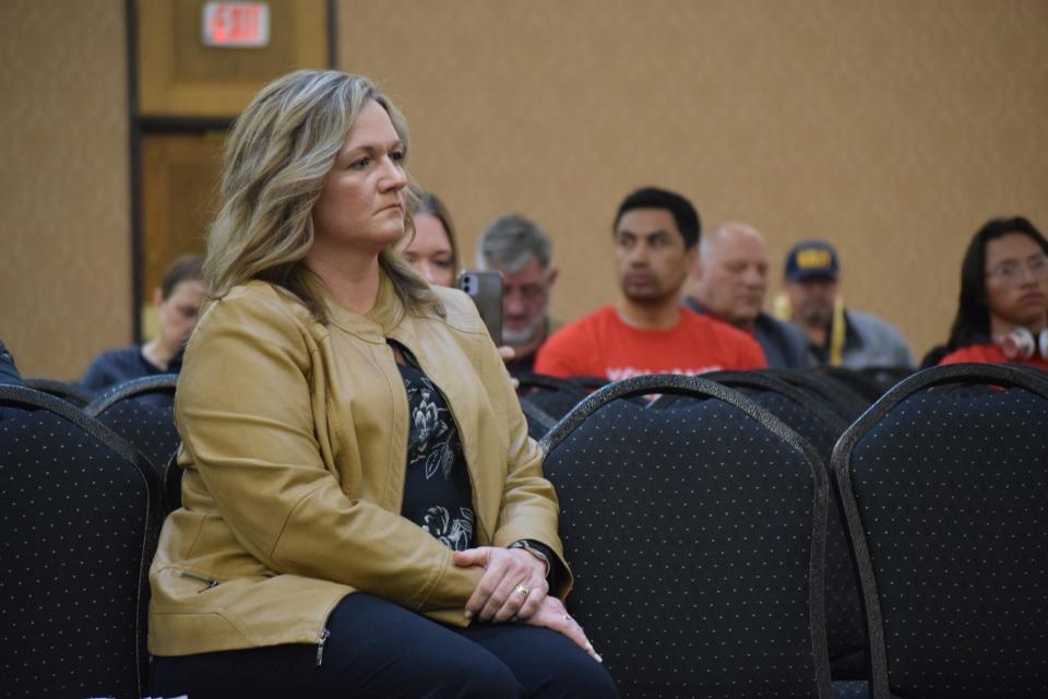 Samantha Walder, principal of Tea Area Legacy Elementary School, listens to testimony on the proposed social studies standards during a Board of Education Standards meeting in Pierre on April 17, 2023.
