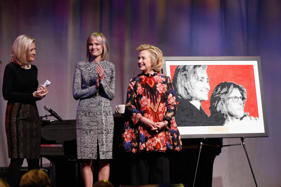 NEW YORK, NY - DECEMBER 03:   (L-R) Journalist Diane Sawyer, President, EGPAF Board of Trustees Willow Bay and Global Impact Award Recipient Hillary Rodham Clinton speak on stage during Elizabeth Glaser Pediatric AIDS Foundation's Global Impact Award Gala Dinner Honoring Hillary Clinton at Best Buy Theater on December 3, 2013 in New York City.  (Photo by Cindy Ord/Getty Images for Elizabeth Glaser Pediatric AIDS Foundation)