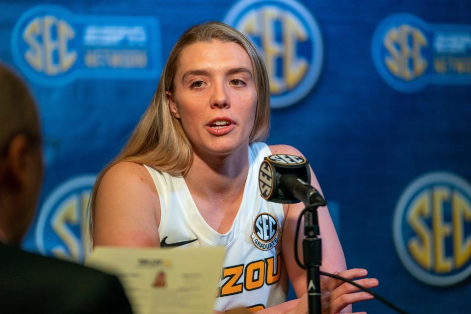 Missouri Tigers guard Haley Troup speaks to the media at the SEC Media days on Oct. 18, 2022, in Mountain Brook, Ala.