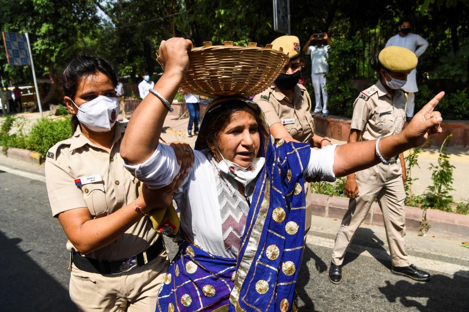 Police detain a Congress Party activist during an anti-government demonstration to protest against the recent passing of new farm bills in parliament in New Delhi on September 28, 2020. (Photo by Sajjad HUSSAIN / AFP) (Photo by SAJJAD HUSSAIN/AFP via Getty Images)