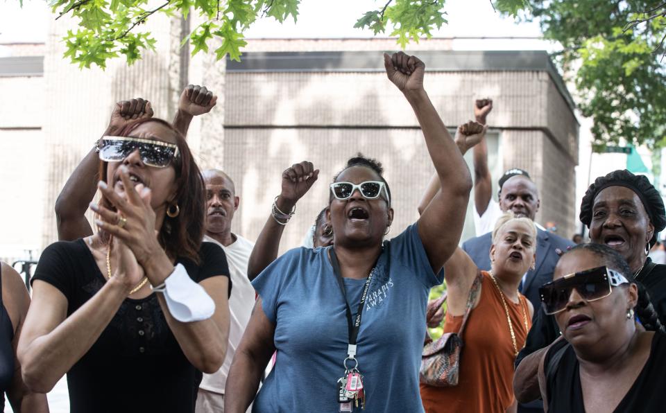 Family members and supporters of of Jarrell Garris yell demands of justice July 7, 2023 as GarrisÕs father Raymond Fowler speaks to the media about the shooting of Garris by New Rochelle police this past Monday. Garris was shot by police during a scuffle on Lincoln Ave. in which police were attempting to arrest him after a nearby market called the police about Garris possibly stealing food.