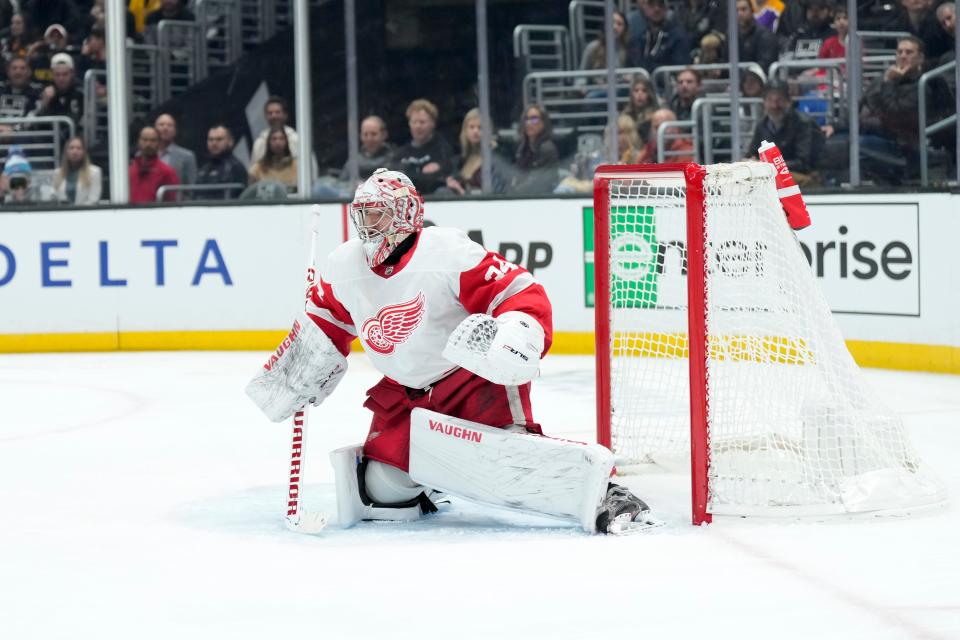 Detroit Red Wings goaltender Alex Lyon guards his net during the second period of an NHL hockey game against the Los Angeles Kings at Crypto.com Arena in Los Angeles on Thursday, Jan. 4, 2024.