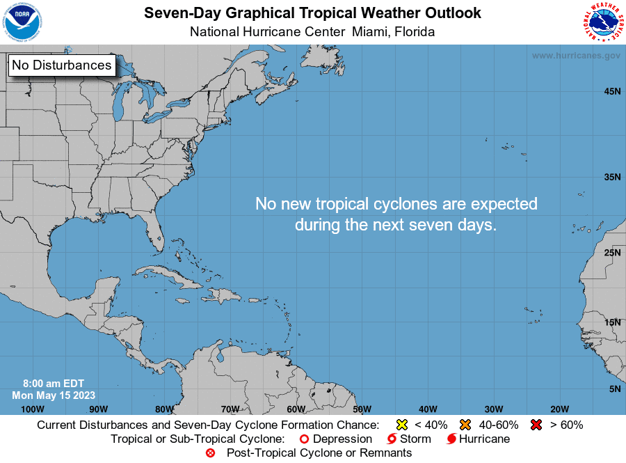 All is quiet in the Atlantic basin for the first daily tropical outlook of the 2023 Atlantic hurricane season 8 a.m., May 15, 2023.
