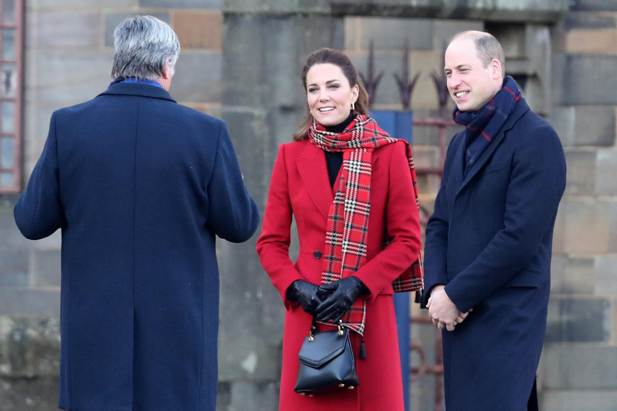 CARDIFF, WALES - DECEMBER 08: Catherine, Duchess of Cambridge  and Prince William, Duke of Cambridge arrive at Cardiff Castle on December 08, 2020 in Cardiff, Wales. The Duke and Duchess are undertaking a short tour of the UK ahead of the Christmas holidays to pay tribute to the inspiring work of individuals, organizations and initiatives across the country that have gone above and beyond to support their local communities this year. (Photo by Chris Jackson/Getty Images)