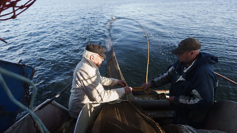 Herring fishermen Holger Sjogren (L) and Jan Sjogren lower the fishing net into the water from their boat off Kotka, southern Finland, October 10, 2023