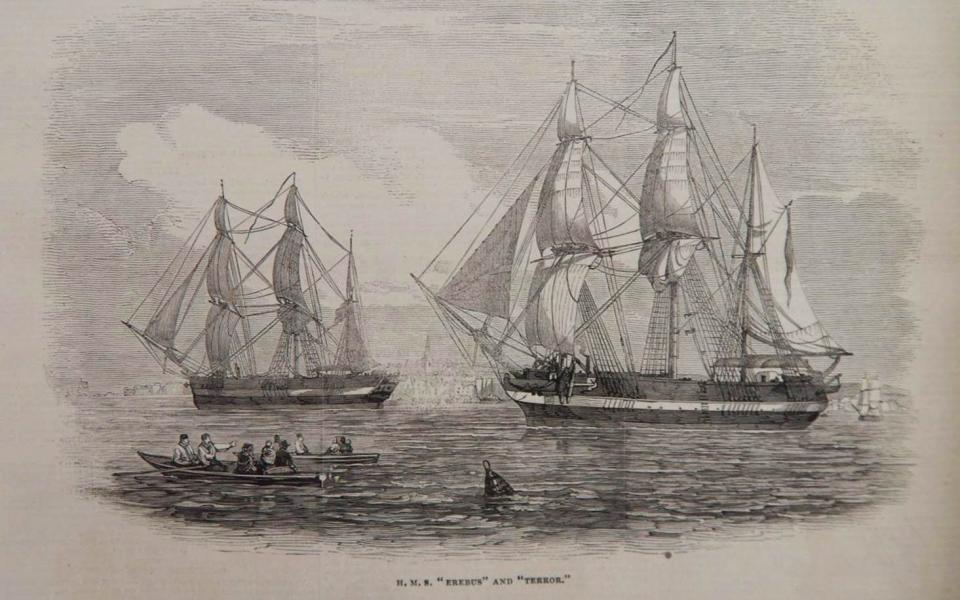 An 1845 wood engraving of the Erebus and Terror departing from Greenhithe, Kent - Illustrated London News/canadianmysteries.ca