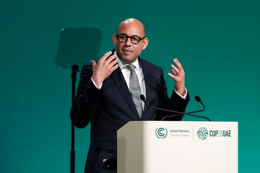 United Nations Climate Chief Simon Stiell speaks during a plenary session at the COP28 U.N. Climate Summit, Dec. 1, 2023, in Dubai, United Arab Emirates. Stiell says humanity has only two years left “to save the world” by making dramatic changes in the way it spews heat-trapping emissions and it has even less time to act to get the finances behind such a massive shift. (AP Photo/Peter Dejong, File)