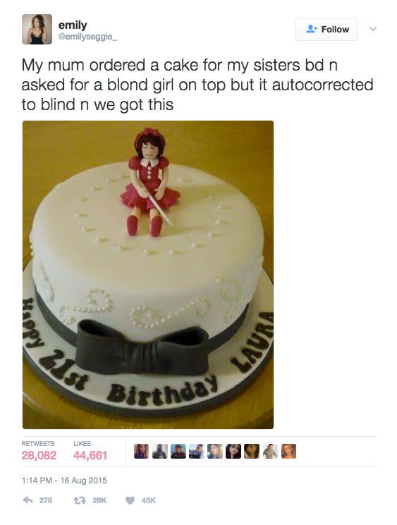 The bakery placed a 'blind girl’ figure on top of the cake instead of a 'blonde girl’. Source: Twitter