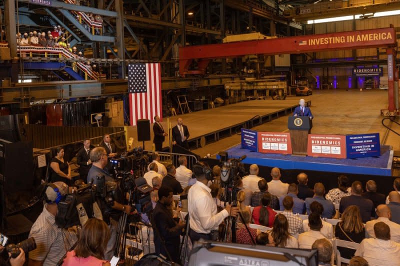 President Joe Biden visited a Philadelphia shipyard Thursday to announce construction of a new offshore wind vessel as part of the administration's continued push on manufacturing and clean energy. Photo by Laurence Kesterson/UPI