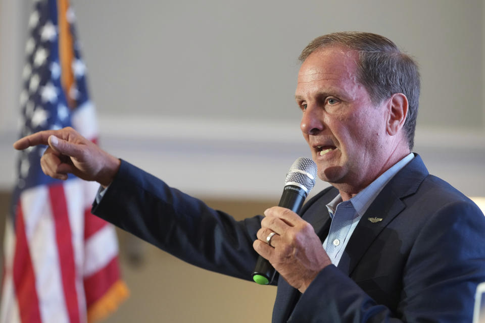 File - Utah Rep. Chris Stewart talks to supporters during an Utah Republican election night party on June 28, 2022, in South Jordan, Utah. Stewart will officially announce tomorrow that he's leaving Congress due to his wife's illness, a person familiar with the matter told The Associated Press, Tuesday, May 30, 2023. (AP Photo/George Frey, File)