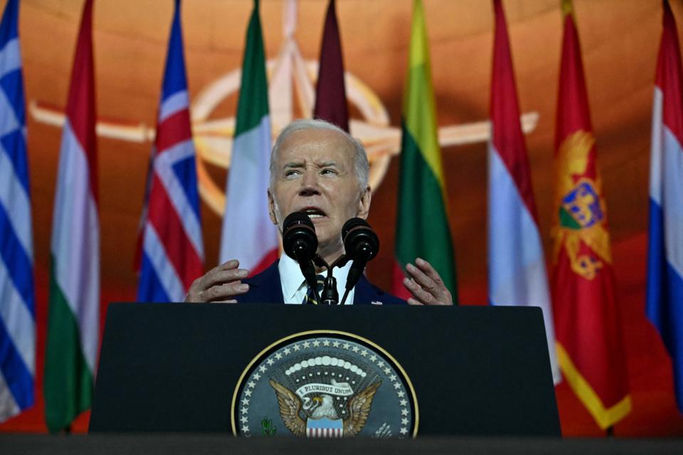President Joe Biden speaks during the NATO 75th Anniversary celebratory event at the Mellon Auditorium in Washington.