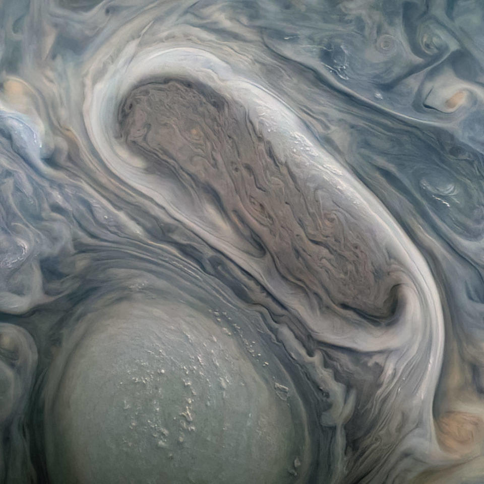 This image shows two of Jupiter's large rotating storms, captured by Juno's visible-light imager, JunoCam, on Juno's 38th perijove pass, on November 29, 2021. / Credit: NASA/JPL-Caltech/SwRI/MSSS Image processing: Kevin M. Gill CC