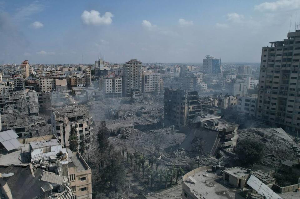 A view of the rubble of buildings hit by an Israeli airstrike in Gaza City on Tuesday, Oct. 10, 2023.