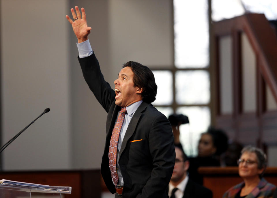 FILE - In this Monday, Jan. 21, 2013 file photo, Rev. Samuel Rodriguez, president of the National Hispanic Christian Leadership Conference, speaks during the annual Dr. Martin Luther King Jr. holiday commemorative service at the Ebenezer Baptist Church in Atlanta - the first time a Latino leader has served as the keynote speaker for the event. In the days after the Nov. 3, 2020 election, Rodriguez, who has advised Trump, said the advances with Latino voters are one reason why evangelicals should view the election as “a win” for their priorities. (AP Photo/David Goldman)