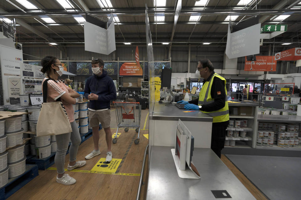 Kingfisher  LONDON, UK - MAY 15: General view of customers practising social distancing after the store adopted safe measures to protect both customers and staff at home improvement store B&Q in Chiswick as lockdown restrictions start to ease after 7 weeks on May 15, 2020 in London, England. The chain, part of the Kingfisher Group was classed as an essential retailer during the coronavirus lockdown. Shops were close in March but the chain was offering “contactless” click and collect services. Now as restrictions are eased in the eighth of Lockdown, all 288 UK B&Q stores are now open. Following the example of supermarkets, B&Q is limiting the number of customers in store at any one time and has put strict social distancing measures in place. These include sanitiser stations for trolleys; safe queuing 2 metres apart before entering the store; 2 metre navigational markers on the floor and directional arrows to guide customers through the store; perspex screens at checkouts; and card and contactless payments only. The prime minister announced the general contours of a phased exit from the current lockdown, adopted nearly two months ago in an effort curb the spread of Covid-19. (Photo by Ming Yeung/Getty Images)