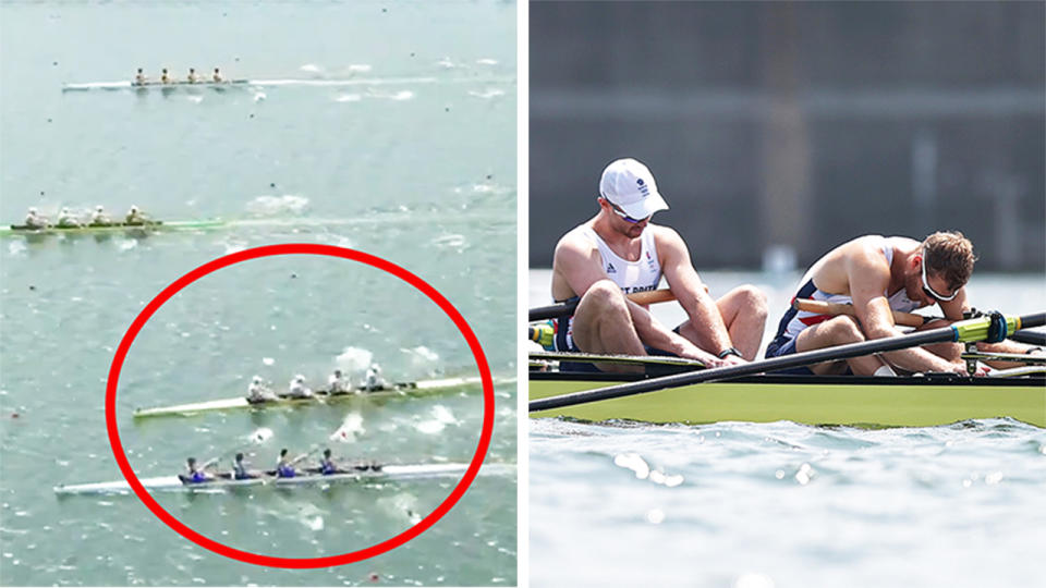 Oliver Cook, Matthew Rossiter, Rory Gibbs and Sholto Carnegie (pictured right) devastated after they veered off course in a horror end to the Men's Four final.